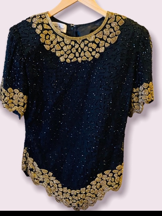 Laurence Kazar Jackets & Blazers - Laurence Kazar Black & Gold Beaded Silk Top